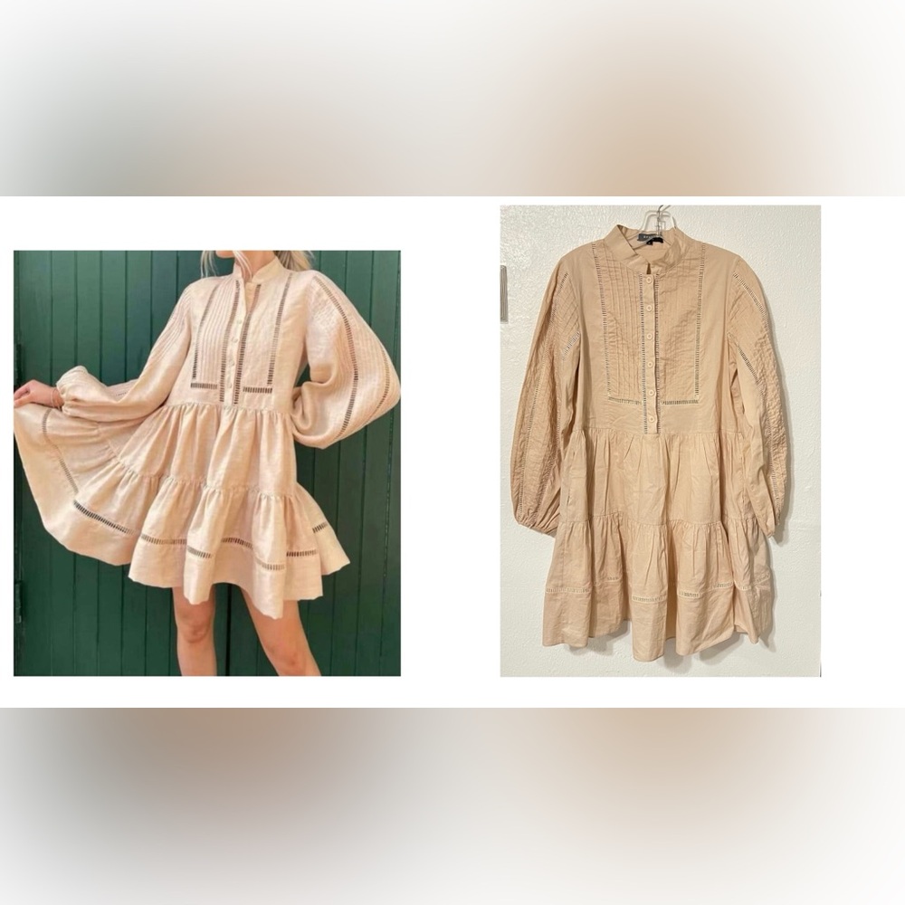 Beulah Elegant Beige Long-Sleeve Dress Lined Ruffle Eyelet Perforated Design